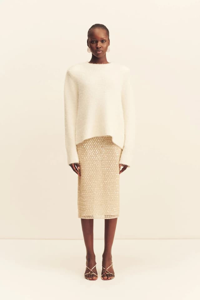 Shona Joy EVERLY SEQUIN MIDI SKIRT WITH DETACHABLE LINING - MACADAMIA, image 1 of 1 from Shona Joy