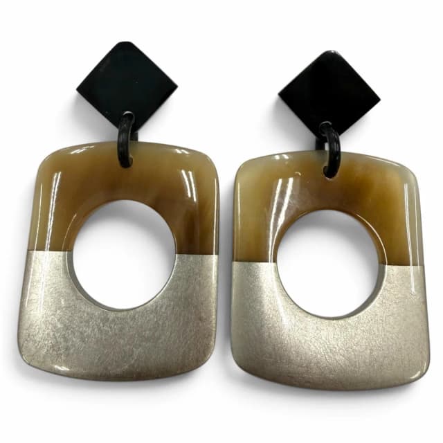 Hermès Buffalo Horn Sellier Post Earrings Beige Silver Dark Brown in Brown from The Reluxe, photo 1 of 1