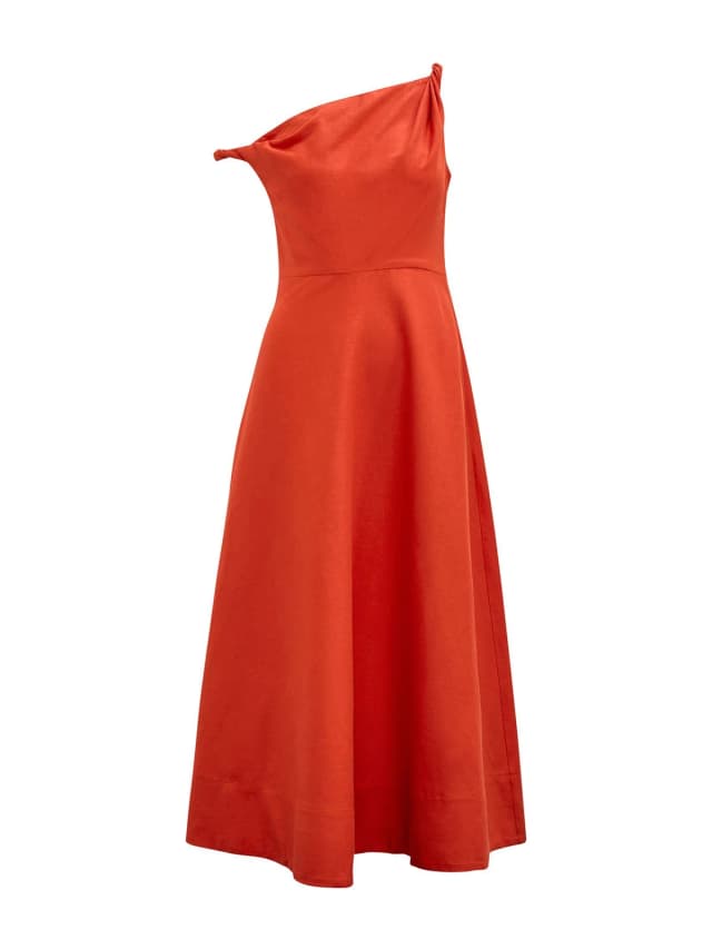 Forever New Vinetta Asymmetrical Twist Midi Dress Orange in Spicy Orange, image 1 of 1 from Fenwick