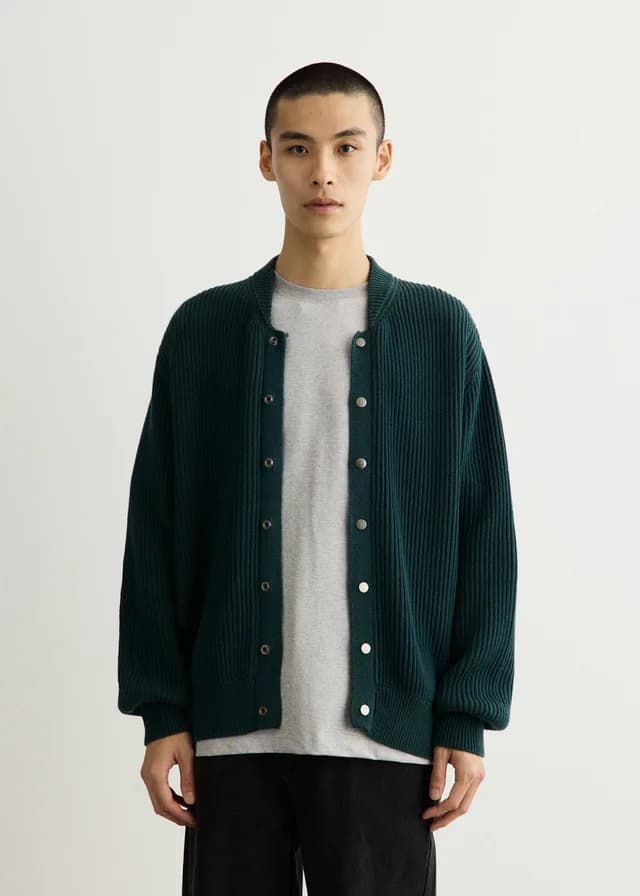 Incu Collection College Rib Knit Cardigan in BOTTLE GREEN, image 1 of 1 from Incu