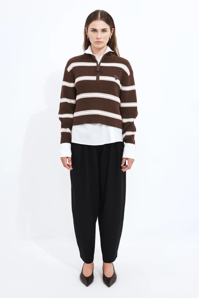 Aje Studio Clara 1/4 Zip Stripe Jumper in CHOCOLATE STRIPE, image 1 of 1 from Aje