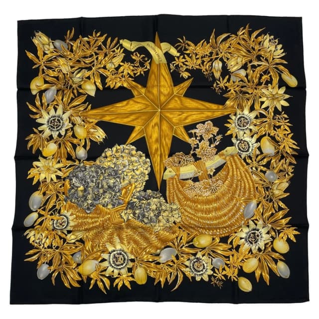 Hermès Scarf Silk Carre 90 Passiflores Passion Flower Black in Black Silk from The Reluxe, photo 1 of 1