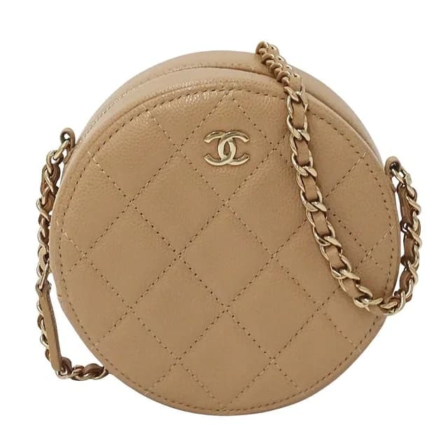 Chanel Quilted Shoulder Bag Caviar Leather Beige Gold Chain Pouch Round in Beige Caviar leather from The Reluxe, photo 1 of 1