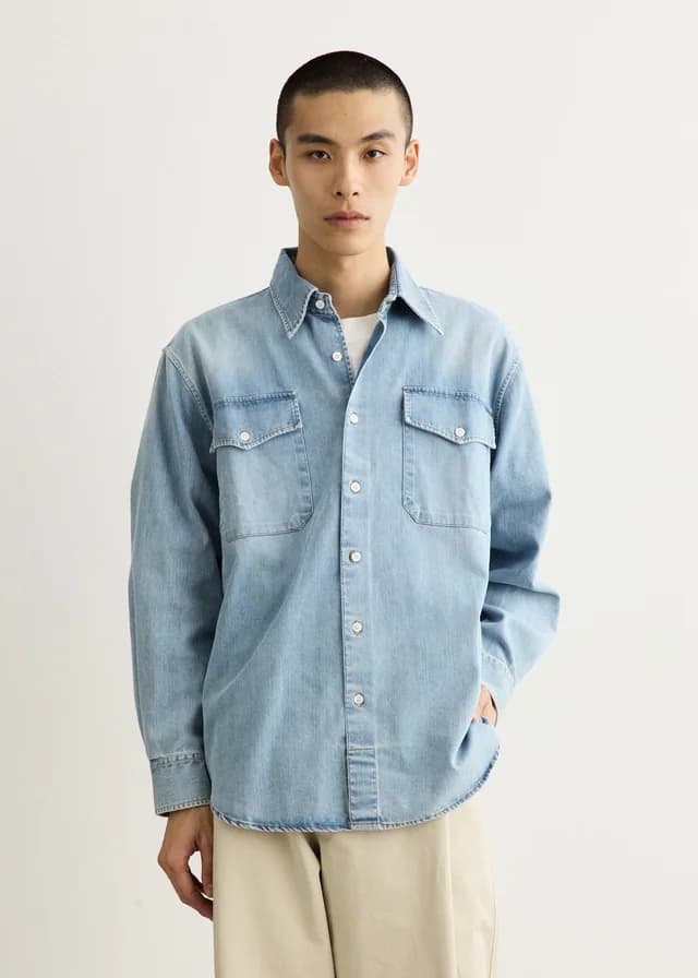 Carter Young Washed Denim Utility Hugo Shirt in Bruce wash, image 1 of 1 from Incu