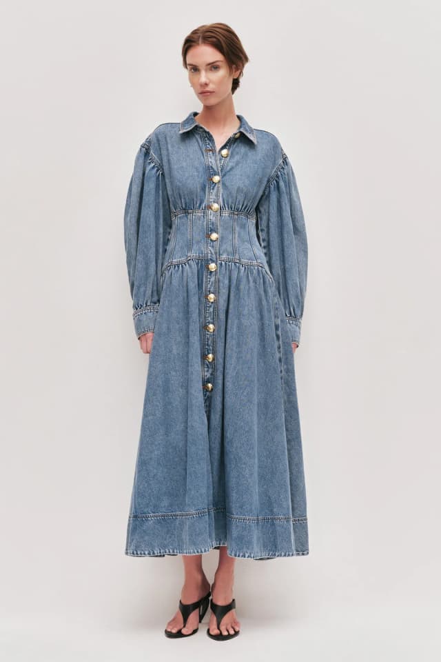 AJE Lorraine Denim Midi Dress in COASTAL STONE WASH, image 1 of 1 from Aje