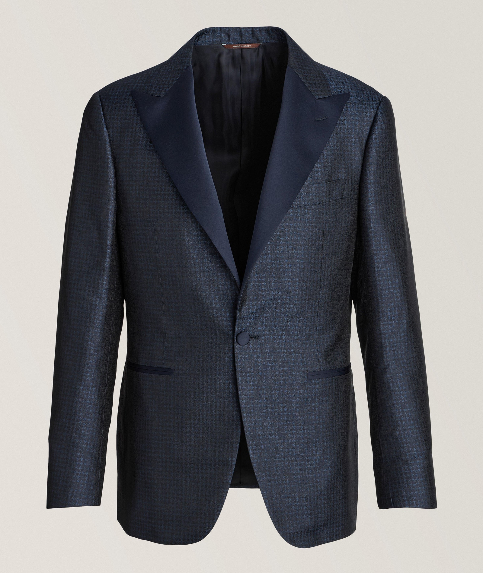 Canali Pura Seta Tonal Damask Silk Tuxedo Jacket in Blue 100% silk · Lining: 100% cupro, image 1 of 1 from Harry Rosen