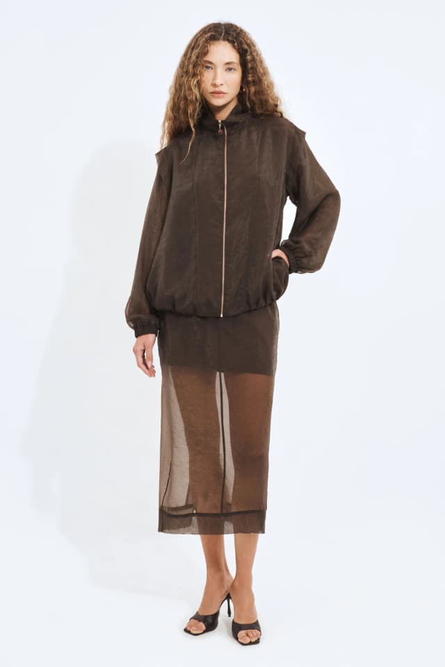 Aje Studio Paige Organza Bomber in CHOCOLATE, image 1 of 1 from Aje