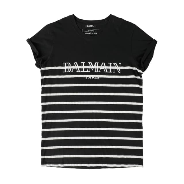 Balmain Men's Black & White Stripe Logo T-Shirt in Black & White Cotton from Designer Archives, photo 1 of 1