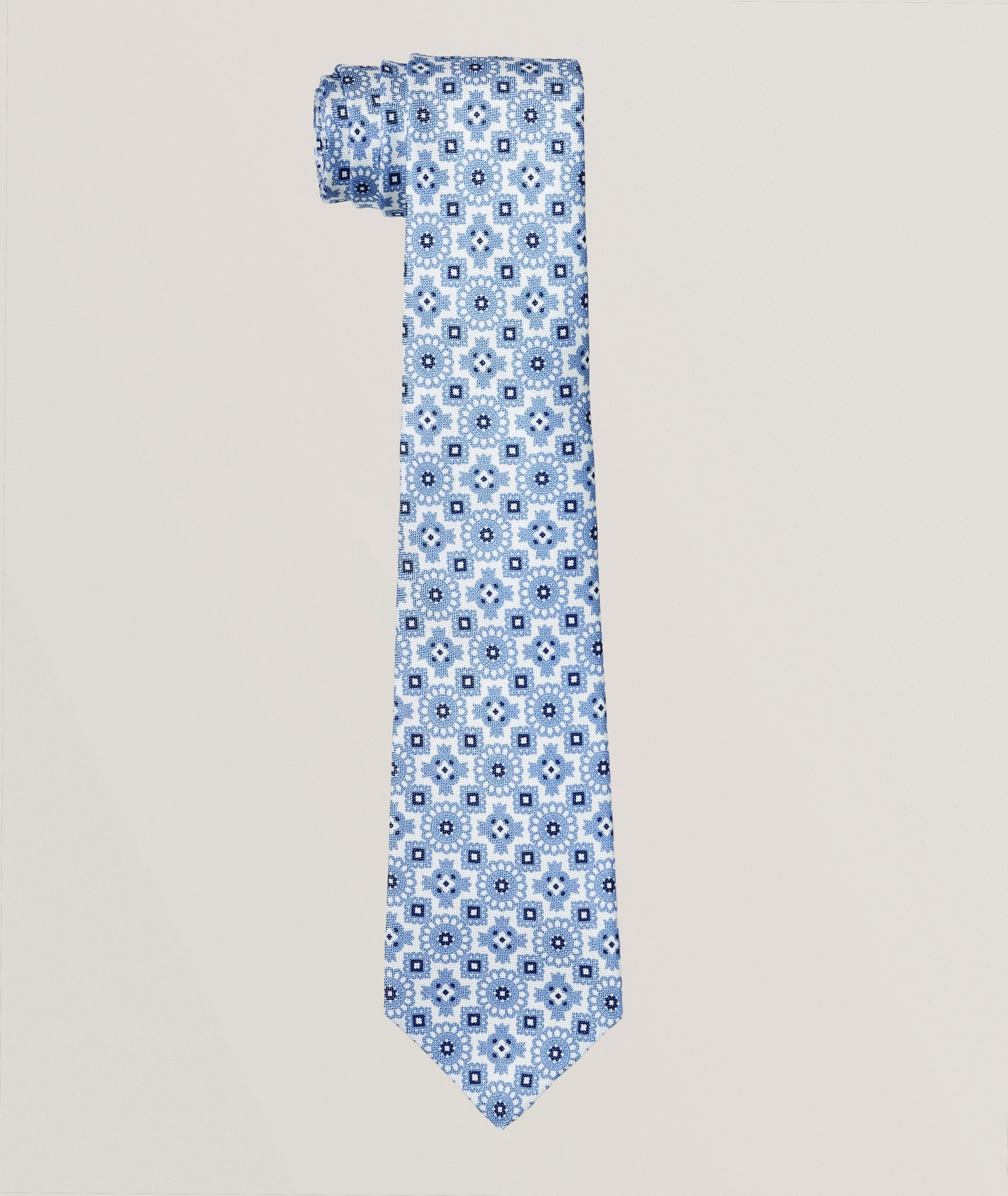 Kiton Large Medallion Silk-Linen Tie in Blue, image 1 of 1 from Harry Rosen