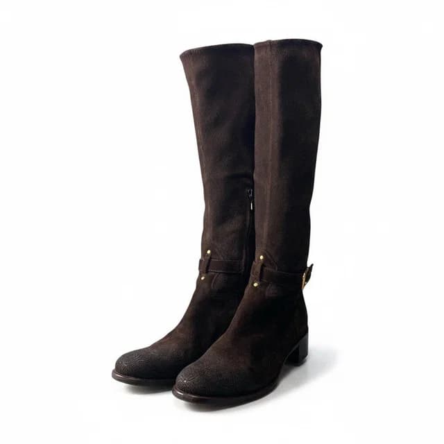 Prada 2 D Leather Boots Embroidery with Suede Long Buckle Design Brown in Brown Suede from The Reluxe, photo 1 of 1