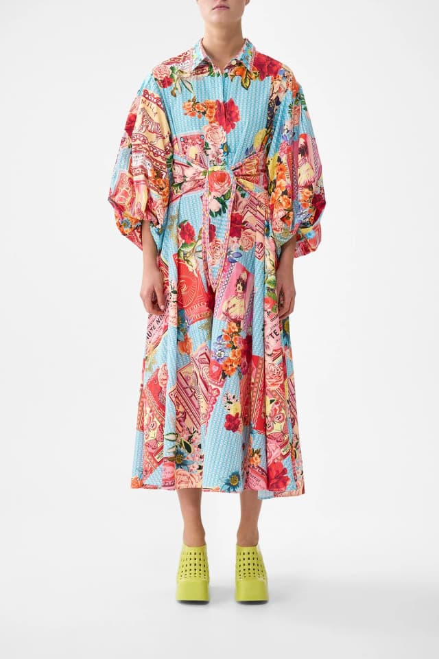 Camilla eBoutique WAIST TIE SHIRT DRESS WITH BUBBLE SLEEVE PAPERS AND CURIOUS CAPERS, image 1 of 1 from CAMILLA