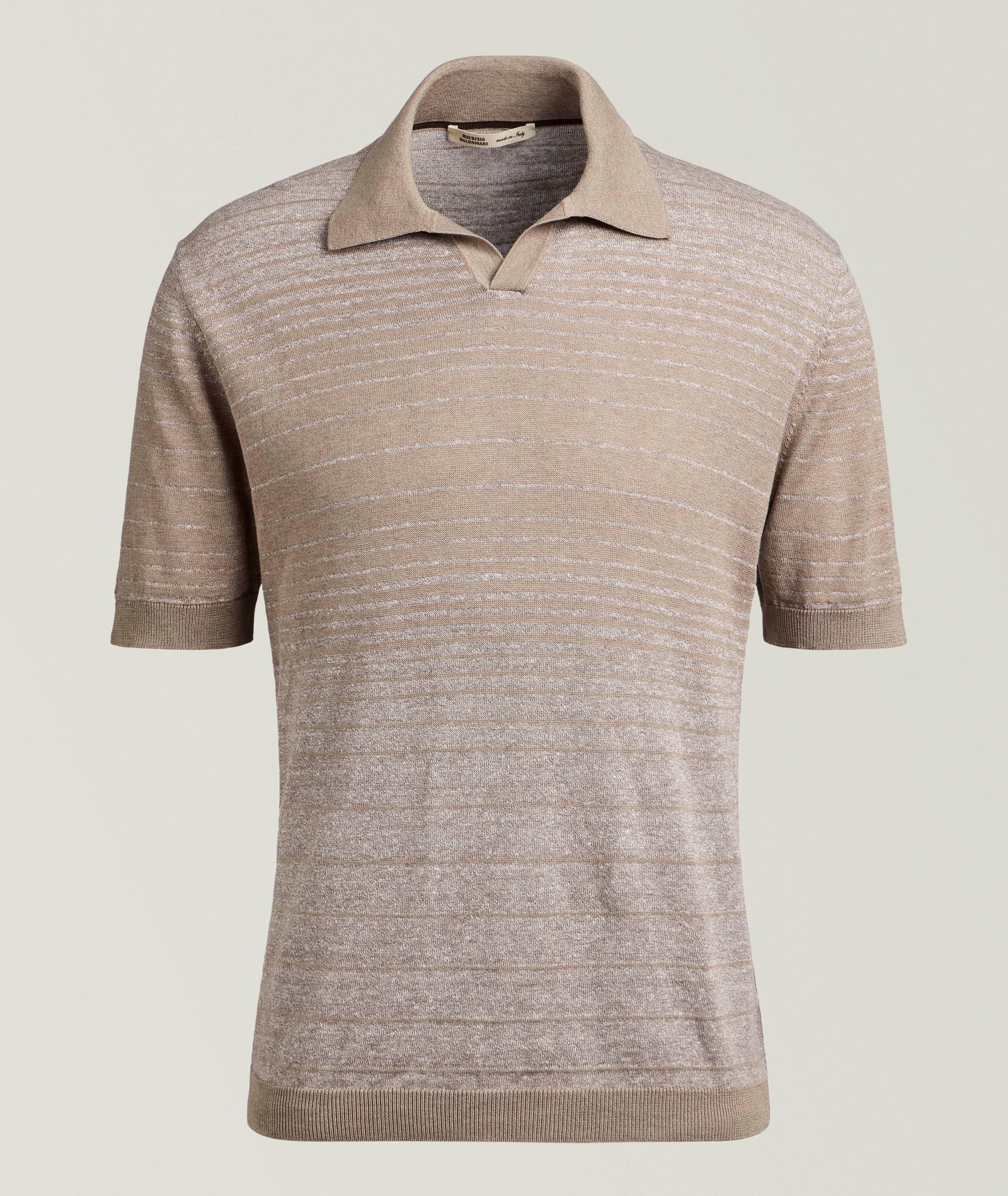 Maurizio Baldassari Tonal Striped Johnny Collar Polo in Beige Linen & Linen Blends, image 1 of 1 from Harry Rosen