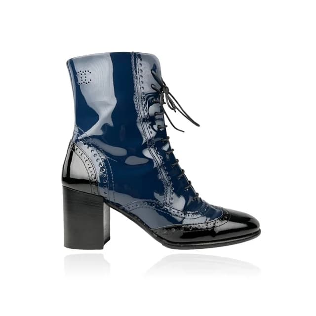 Chanel Patent Black & Blue Brogue Lace-Up Boots in Blue Patent Leather from Designer Archives, photo 1 of 1