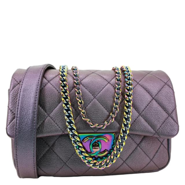 Chanel Double Carry Waist Flap Small Iridescent Quilted Goatskin Chain Shoulder Bag Purple in Purple Goatskin from Dallas Designer Handbags, photo 1 of 1