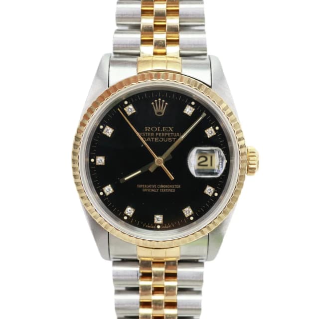 Rolex Datejust 36mm 18k Gold Steel Fluted Bezel Black Diamond Dial Watch 16233 in Black from Dallas Designer Handbags, photo 1 of 1