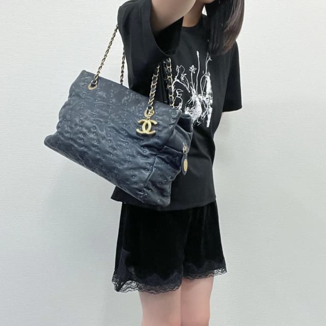 Chanel Camellia CC Logo Embossed Chain Tote Shoulder Bag Leather Navy Gold Seal in Navy Leather from The Reluxe, photo 1 of 1