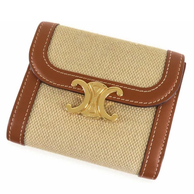 Celine Small Flap Wallet Natural Tan Canvas Calfskin Triomphe Trifold in Brown Calfskin from The Reluxe, photo 1 of 1