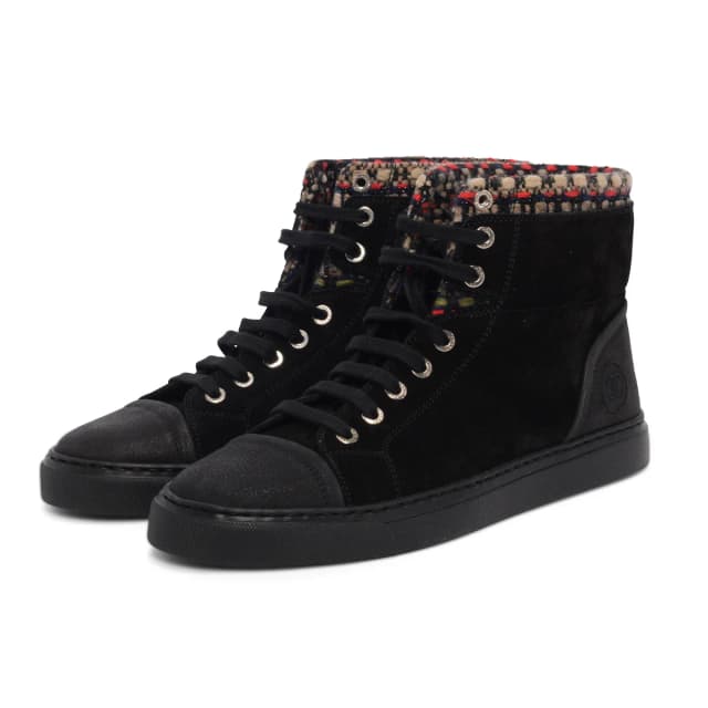 Chanel Tweed Trim High-Top Sneakers 38 in Black Suede from Blue Spinach, photo 1 of 1