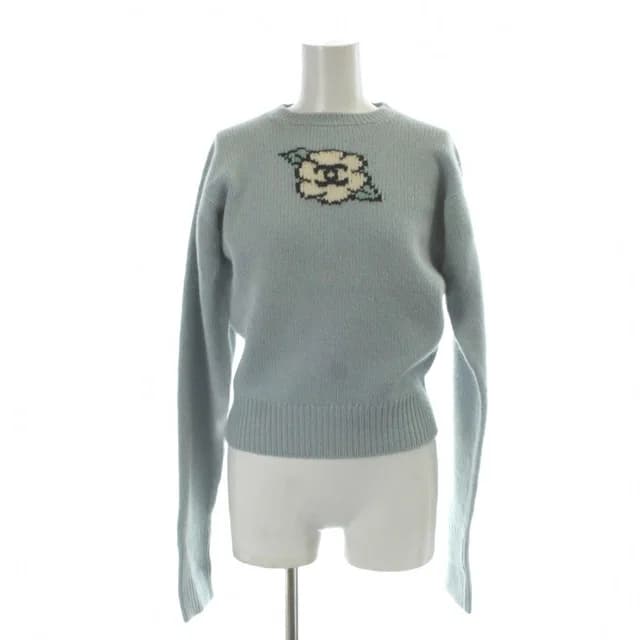Chanel 95A Vintage Cashmere Knit Sweater Camellia CC Logo Long Sleeve 40 M Blue in Blue Cashmere from The Reluxe, photo 1 of 1