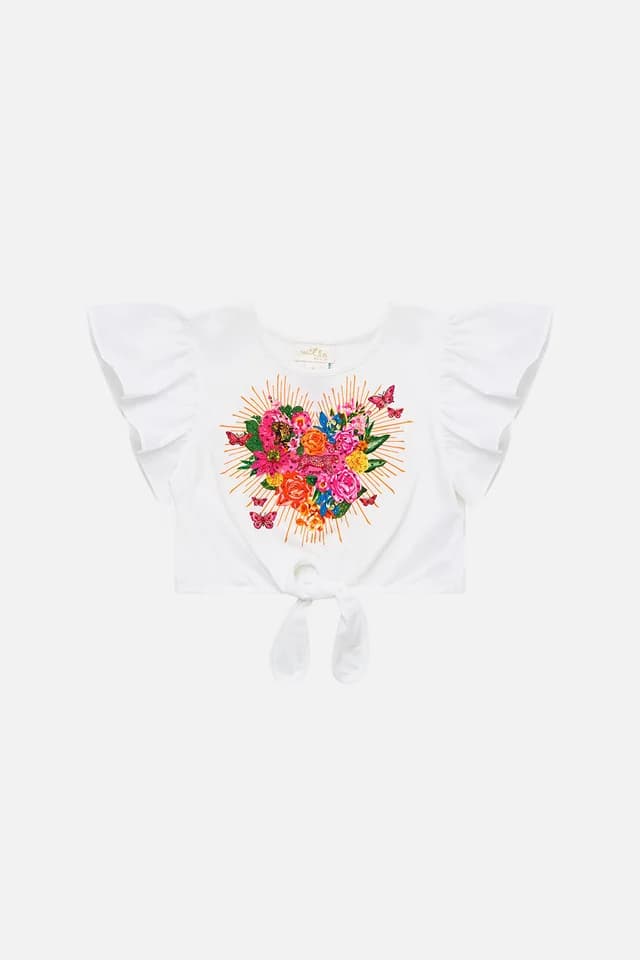 Camilla eBoutique KIDS TIE FRONT CROP TEE WITH FRILL SLEEVE ILLUSTRATION NATION, image 1 of 1 from CAMILLA