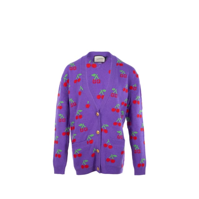 Gucci Size S GG Cherry Intarsia Knit Cardigan Wool Purple in Purple Wool from EMIER, photo 1 of 1