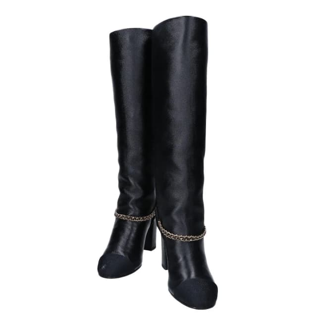 Chanel 23A CC Logo to Chain Chunky Heel Leather Long Boots in Leather from The Reluxe, photo 1 of 1