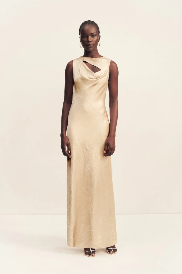 Shona Joy ANDIE CRUSHED SLEEVELESS COWL MAXI DRESS - CHAMPAGNE, image 1 of 1 from Shona Joy