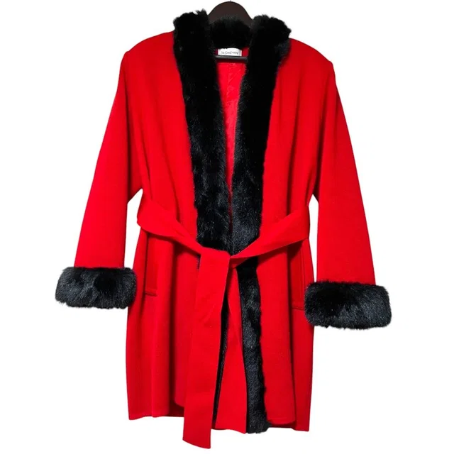 Saint Laurent Vintage Faux Fur Trim Knit Belted Coat Red Black Autumn Winter M in Black from The Reluxe, photo 1 of 1
