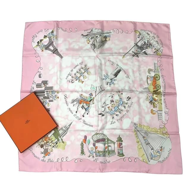 Hermès Scarf Silk Carre 90 les Triples de Paris Mischievous Triplets Pink in Pink Silk from The Reluxe, photo 1 of 1
