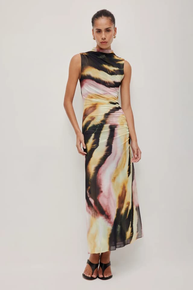 Aje Studio Saturn Mesh Maxi Dress in SOLEIL ZEBRA, image 1 of 1 from Aje