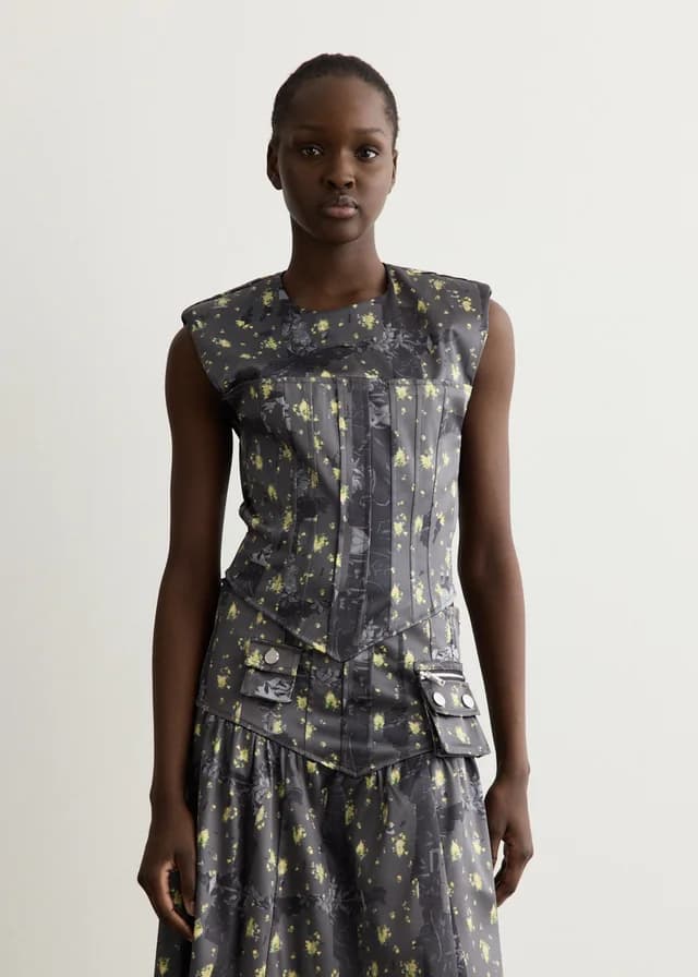 Ganni Printed Double Satin Corset Top in Black Sand 052, image 1 of 1 from Incu