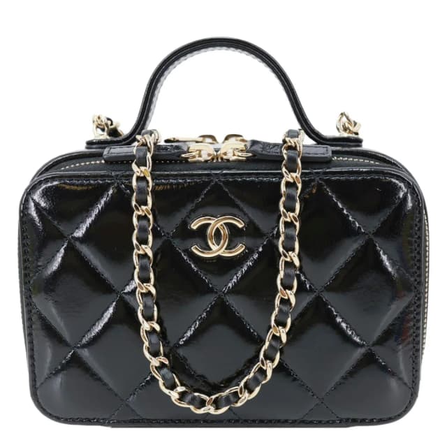 Chanel CC Double Zip Quilted Glazed Lambskin Leather Top Handle Vanity Case Black in Black Lambskin from Dallas Designer Handbags, photo 1 of 1