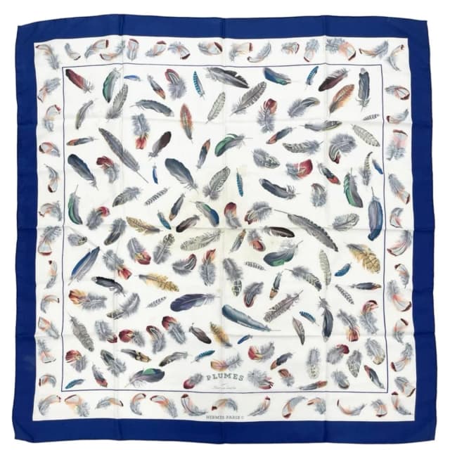 Hermès Carre 90 Plumes Scarf Silk Blue Feather Pattern in Blue Silk from The Reluxe, photo 1 of 1