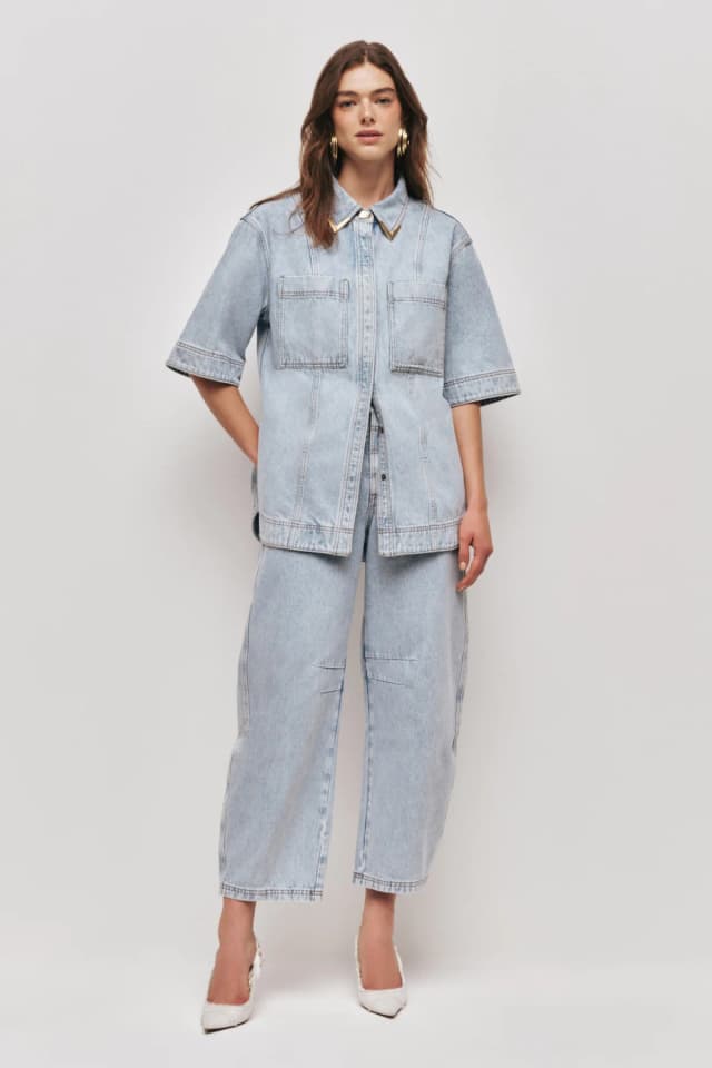 AJE Amie Denim Short Sleeve Shirt in LIGHT WASH BLUE, image 1 of 1 from Aje