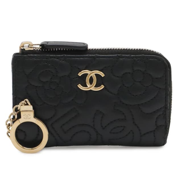 Chanel Camellia CC Logo Coin Purse L-shaped Zipper Lambskin Leather Black Gold in Black Lambskin from The Reluxe, photo 1 of 1