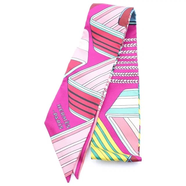 Hermès Twilly Zigzag Sangles Silk Scarf Multicolor Fuchsia Vert Jaune in Green Silk from The Reluxe, photo 1 of 1
