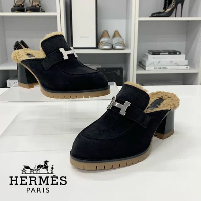 Hermès Flor 60 H Suede Shearling Constance Mules in Suede from The Reluxe, photo 1 of 1