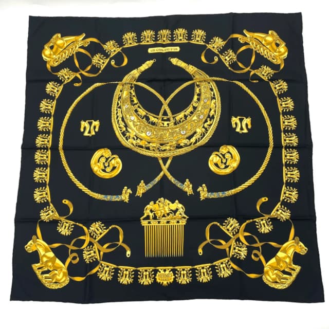 Hermès Carre 90 Les Cavaliers D'or Yellow Gold Knight Scarf Silk Black in Black Silk from The Reluxe, photo 1 of 1