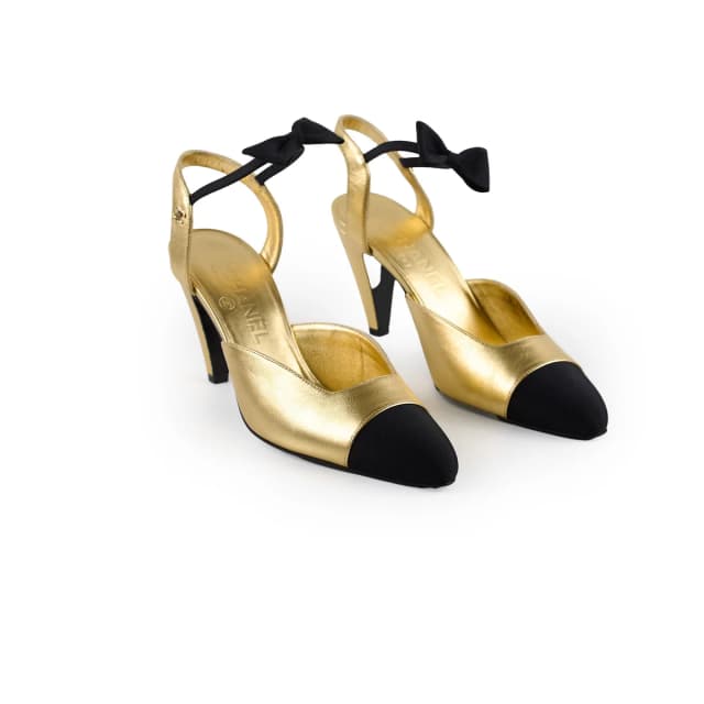 Chanel Heels with Bow Ankle Strap Gold - Size 39 in Gold Lambskin from The Purse Affair, photo 1 of 1