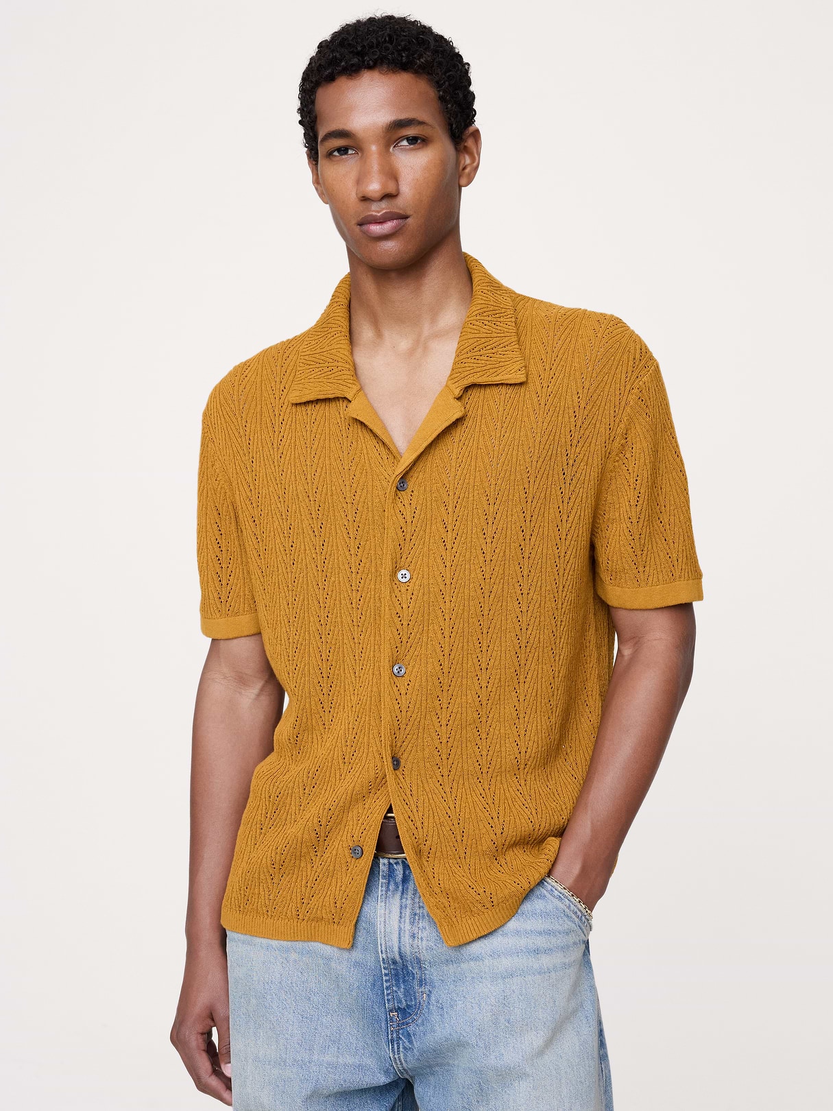 Banana Republic Textured Polo Cardigan in Golden Brown, image 1 of 1 from Banana Republic (Canada)