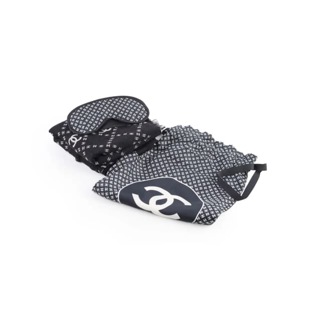 Chanel CC Silk Travel Set Black/White (Pouch, Scarf, Eye Mask) in Black Silk from The Purse Affair, photo 1 of 1
