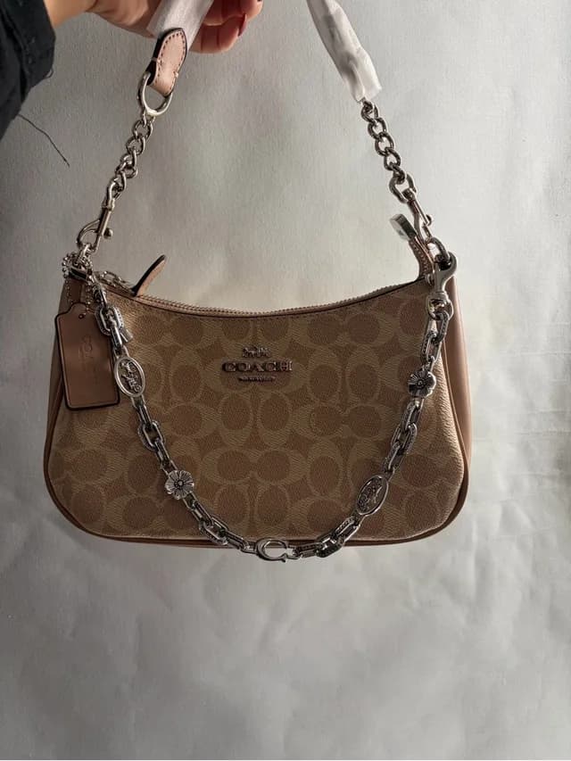 Coach Beige Signature Canvas Shoulder Bag With Silver Chain in silver|gray|brown|neutral Canvas from Poshmark, photo 1 of 1