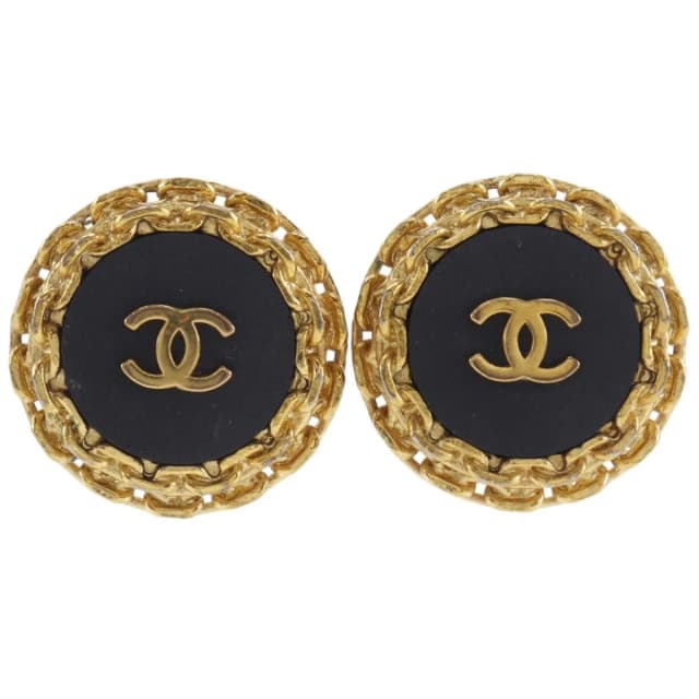Chanel 93A CC Logo Vintage Gold Plated Plastic Black Earrings in Black from The Reluxe, photo 1 of 1