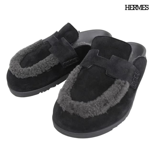 Hermès Mules Shearling Suede Logo Shoes Black 38 in Black Suede from The Reluxe, photo 1 of 1