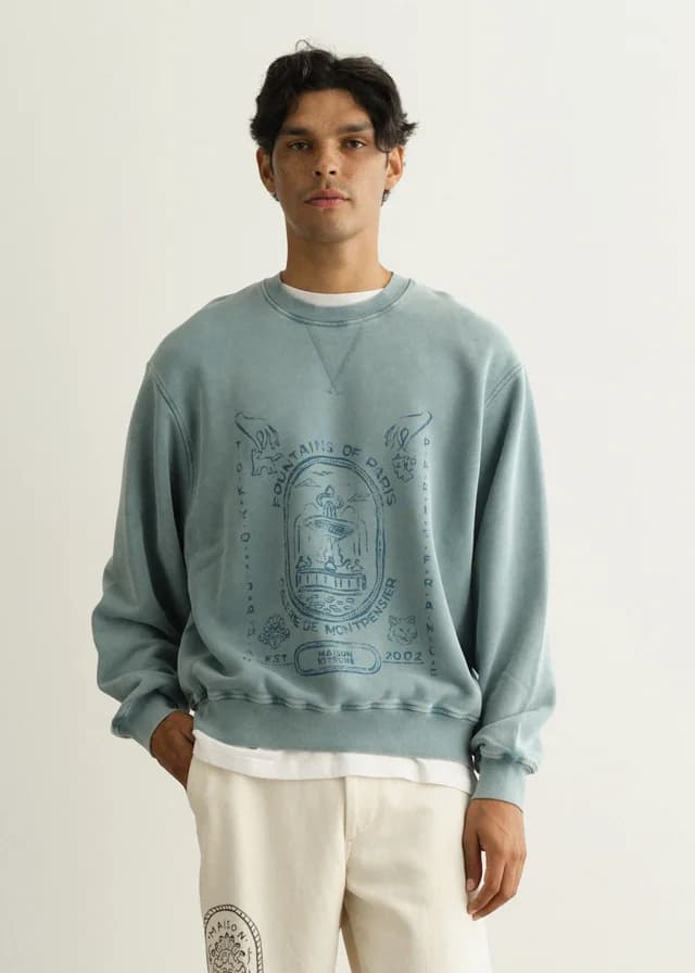 Maison Kitsune Fountain Stamp Faded Relaxed Sweatshirt in STONE BLUE FADED, image 1 of 1 from Incu