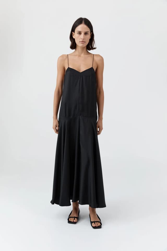 St Agni Silk Twill Relaxed Slip Dress - Black, image 1 of 1 from St. Agni