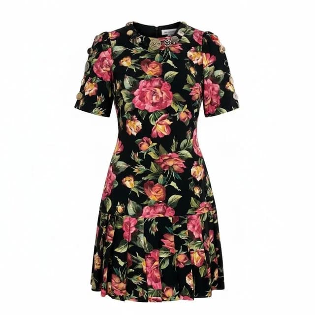 Dolce & Gabbana Rose Print Short Sleeve Dress Pleated Contrast Floral Decorative in Pink from The Reluxe, photo 1 of 1