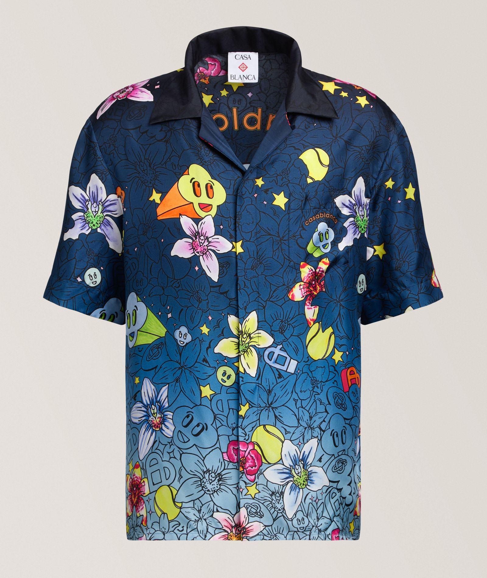 Casablanca Smile Icon Silk Camp Shirt in Blue Silk & Silk Blends, image 1 of 1 from Harry Rosen