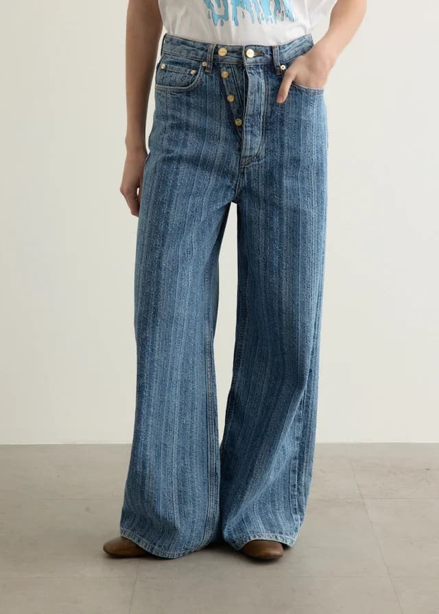 Ganni Structured Denim Double Fly Baggy Jeans in Mid Blue Stone 566, image 1 of 1 from Incu