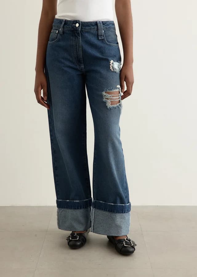 Simone Rocha Distressed Embellished Straight Leg Jeans in DISTRESSED BLUE/PEARL/CLEAR, image 1 of 1 from Incu
